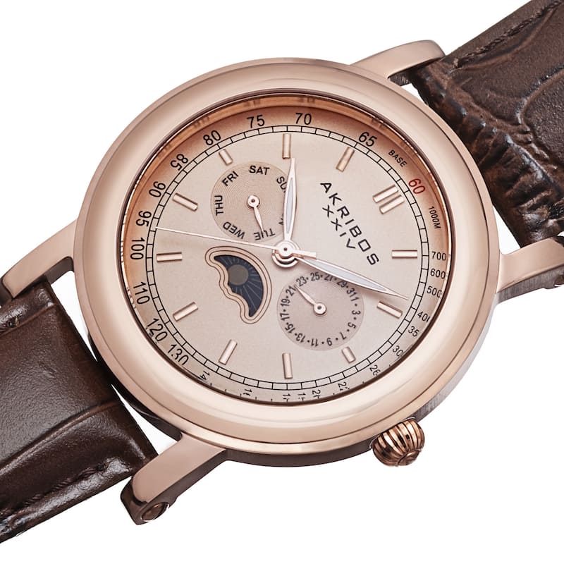 Akribos XXIV Men's Quartz Multifunction Matte Dial Leather Rose-Tone Strap Watch