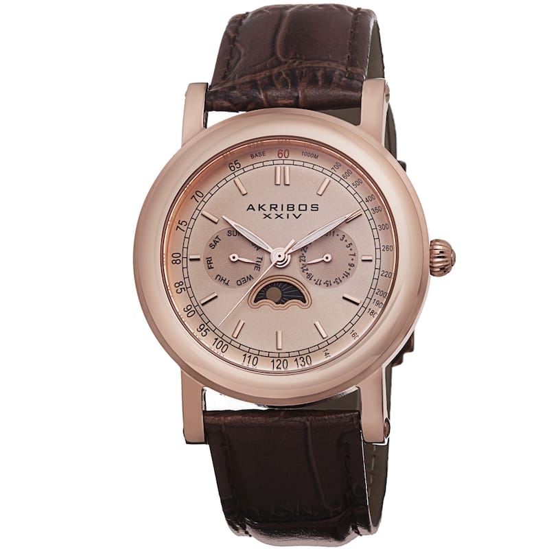 Akribos XXIV Men's Quartz Multifunction Matte Dial Leather Rose-Tone Strap Watch