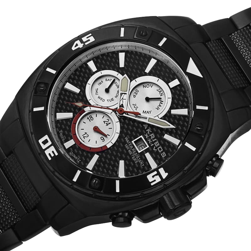 Akribos XXIV Men's Quartz Multifunction Stainless Steel Black Bracelet Watch