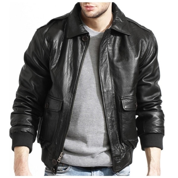 Shop Men's Black Lambskin Leather Bomber Jacket - On Sale - Free ...