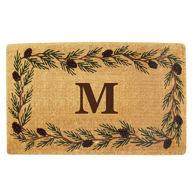 Handmade Monogrammed Evergreen Border Coir Door Mat (1'10 x 3') - 22 inches x 36 inches - M