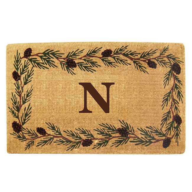 Handmade Monogrammed Evergreen Border Coir Door Mat (1'10 x 3') - 22 inches x 36 inches - N