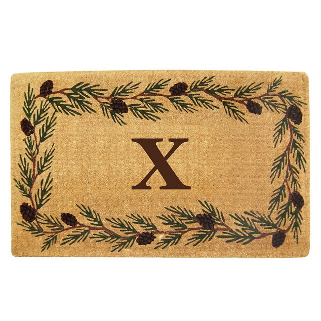 Handmade Monogrammed Evergreen Border Coir Door Mat (1'10 x 3') - 22 inches x 36 inches - X