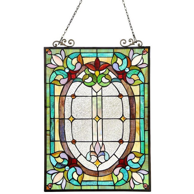 Tiffany Style Victorian Floral Window Panel (Tones of white, green, blue, red and purple Materials Metal and Art glass Pattern Victorian design Glass Art glass Dimensions 24 inches tall x 17.5 inches wide x 0.25 inch deep Assembly Mounting hardware i