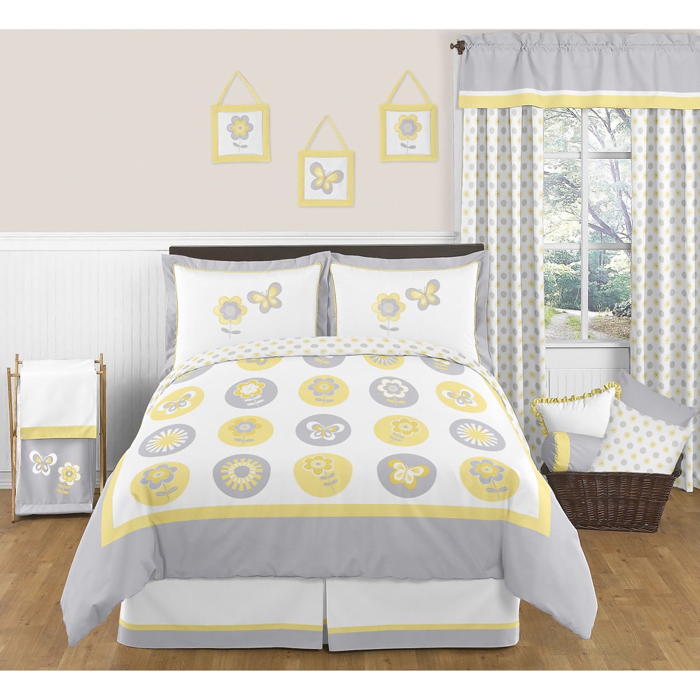 Sweet Jojo Designs Mod Garden 3 piece Full/queen Comforter Set (Gray/white/yellowMaterials 100 percent cotton, microsuede fabricsFill material PolyesterCare instructions Machine washableFull/Queen DimensionsComforter 86 inches wide x 86 inches longSha