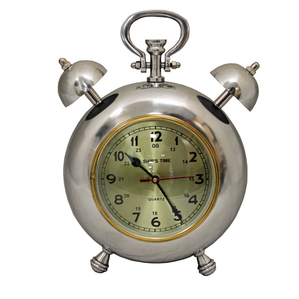 Ships Time 12.5 inch Polished Nickel Metal Table Clock (Polished nickelMaterials AluminumQuantity One (1)Setting IndoorsBattery size Uses one (1) AA battery (not included)Care instructions Wipe with a soft dry clothDimensions 12.5 inches high x 6.5 