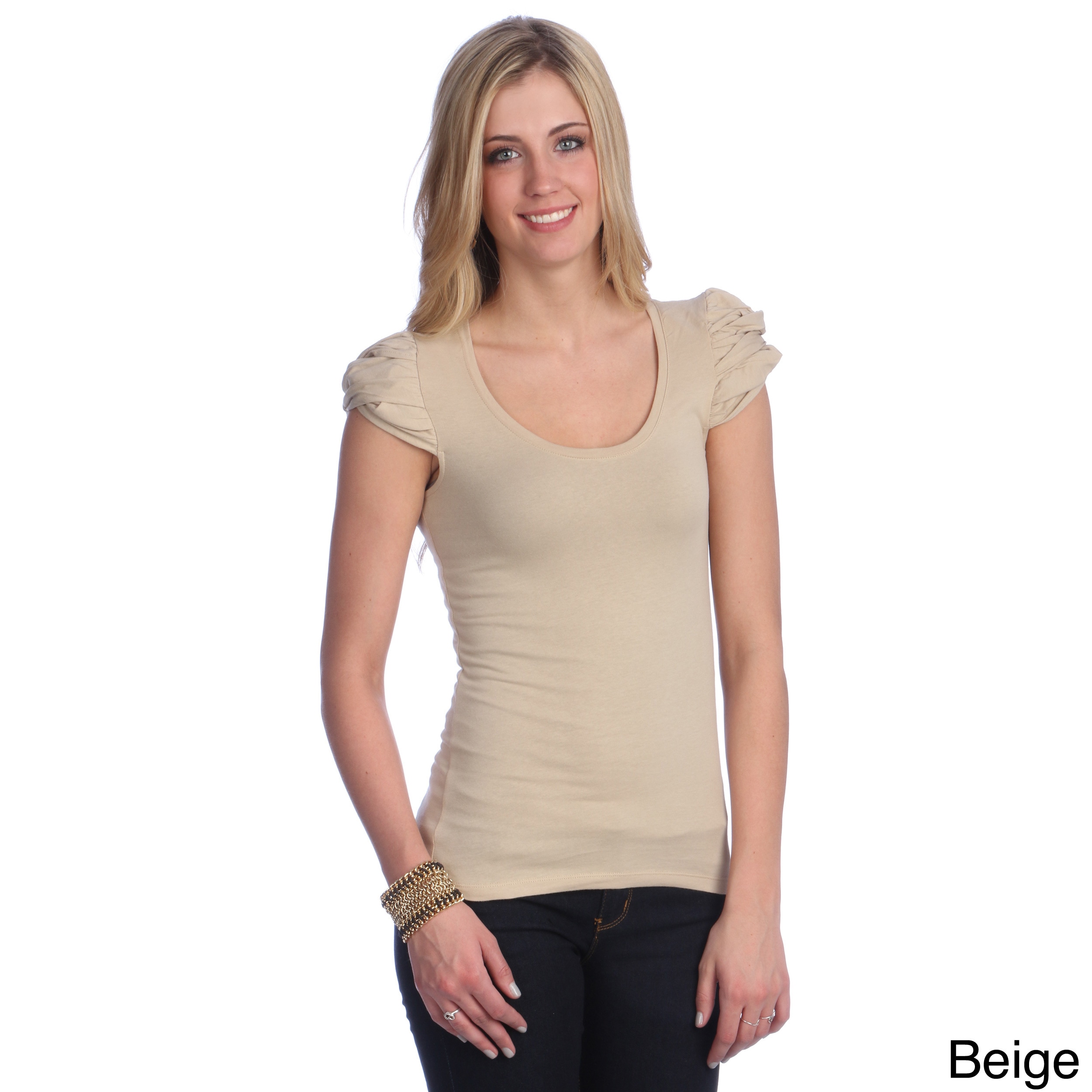 365 Apparel Inc Hadari Womens Solid Puffed Sleeve Top Beige Size S (4  6)