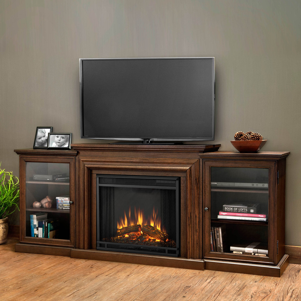 Real Flame Frederick 72 inch Electric Media Fireplace in Chestnut Oak - 72L x 15.5W x 30.1H