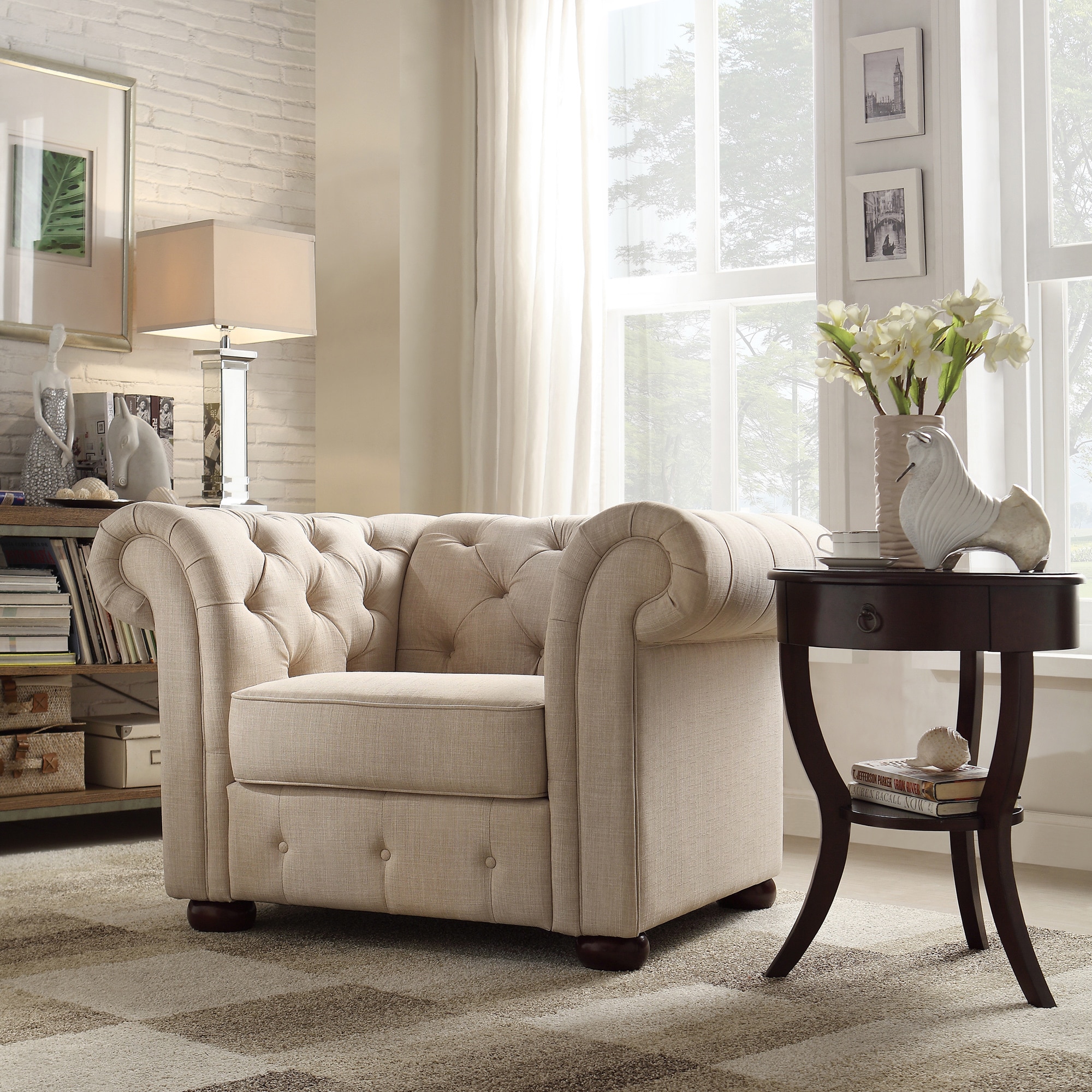 Tribecca Home Knightsbridge Beige Linen Tufted Scroll Arm Chesterfield Chair