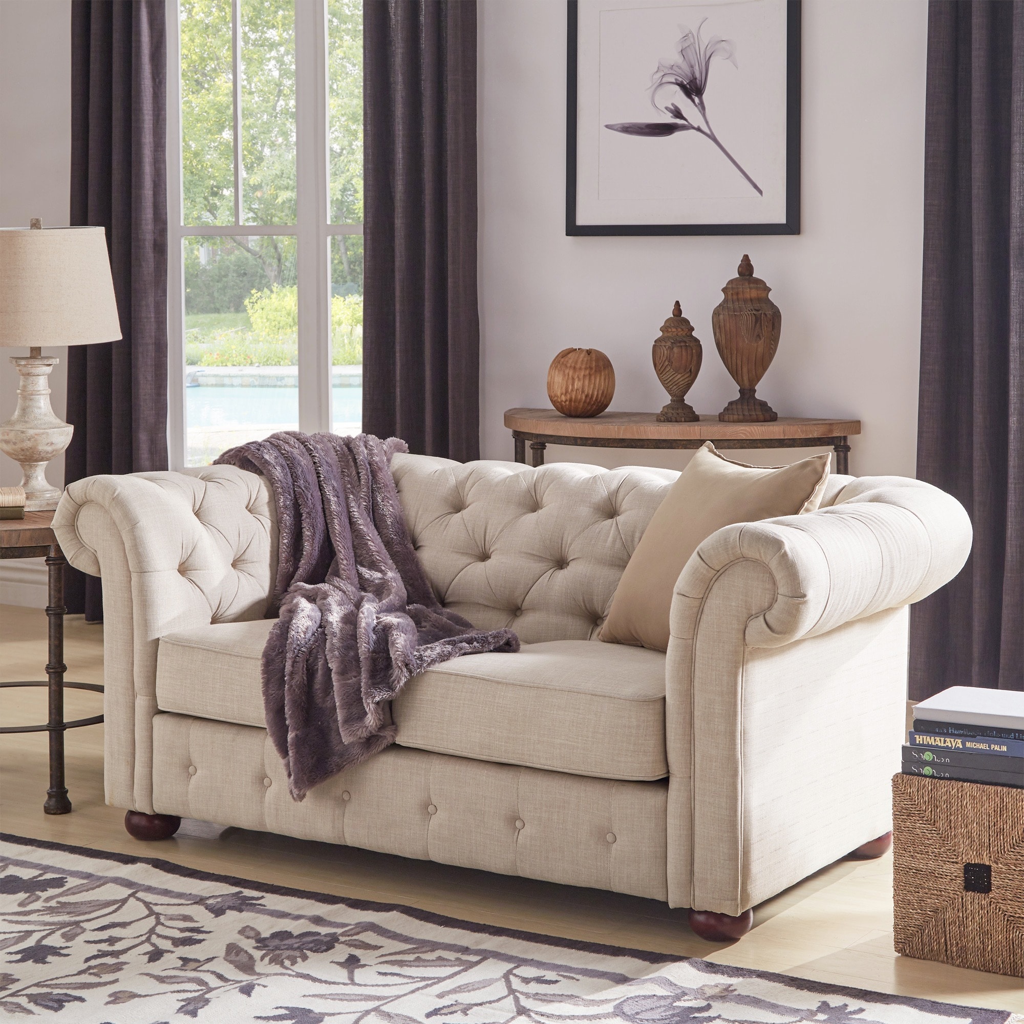 Tribecca Home Knightsbridge Beige Linen Tufted Scroll Arm Chesterfield Loveseat