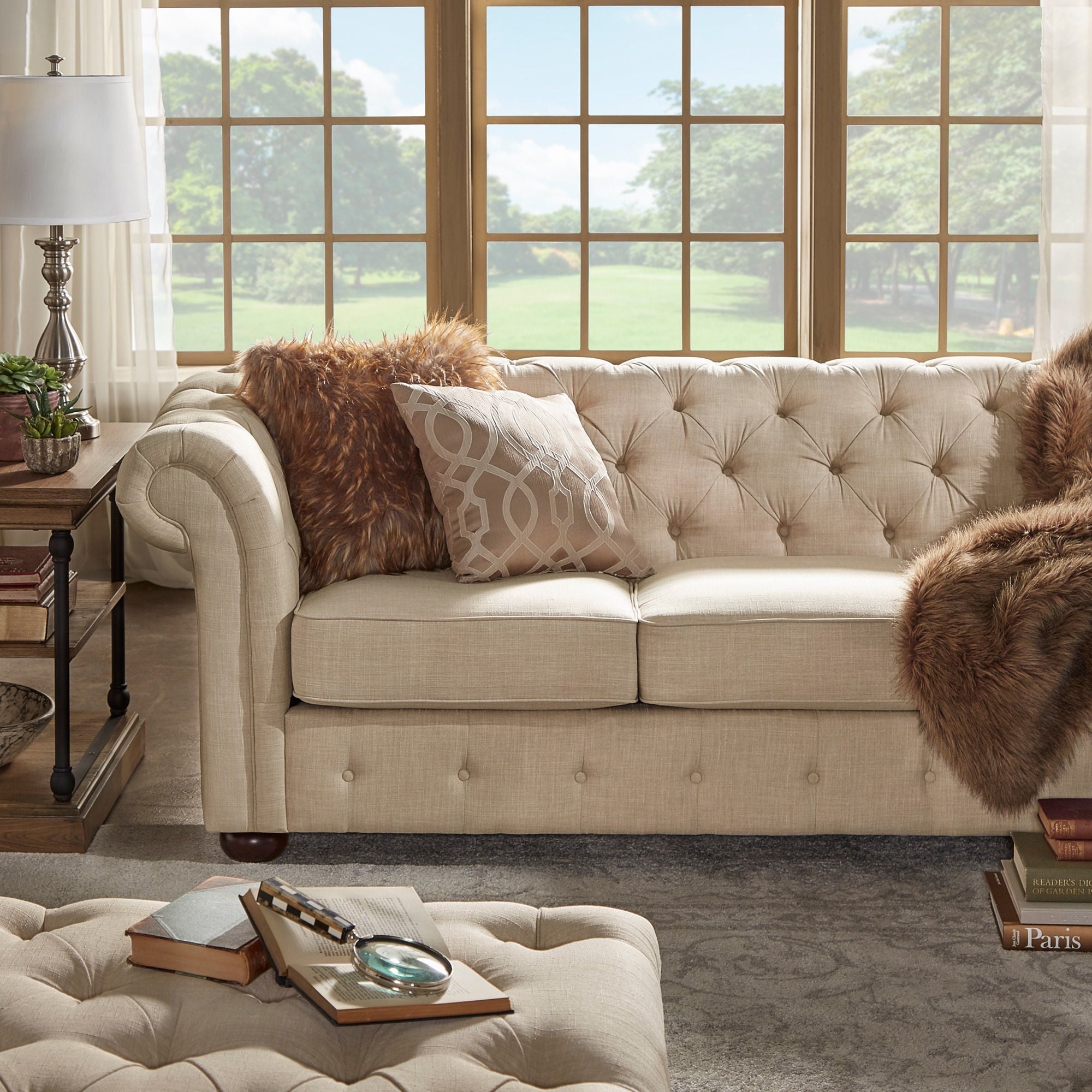 Tribecca Home Knightsbridge Beige Linen Tufted Scroll Arm Chesterfield Sofa