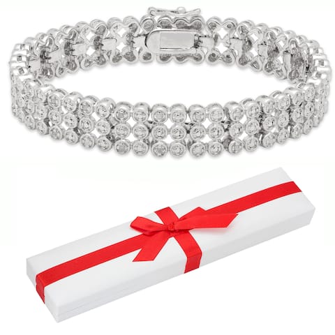 Finesque Silver Overlay 1/2ct TDW Diamond Three-row Bracelet with Red Bow Gift Box