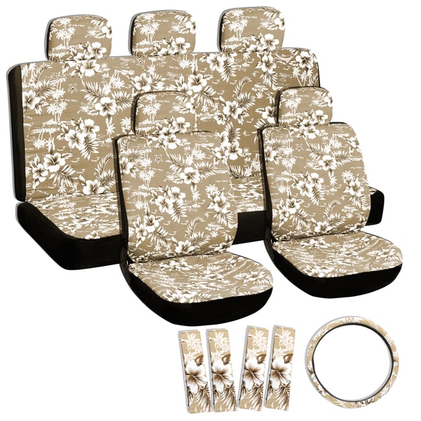 Oxgord Hawaii Beige / Tan 17 piece Seat Cover Set with Hawaiian Hibiscus Flowers Car Seat Covers