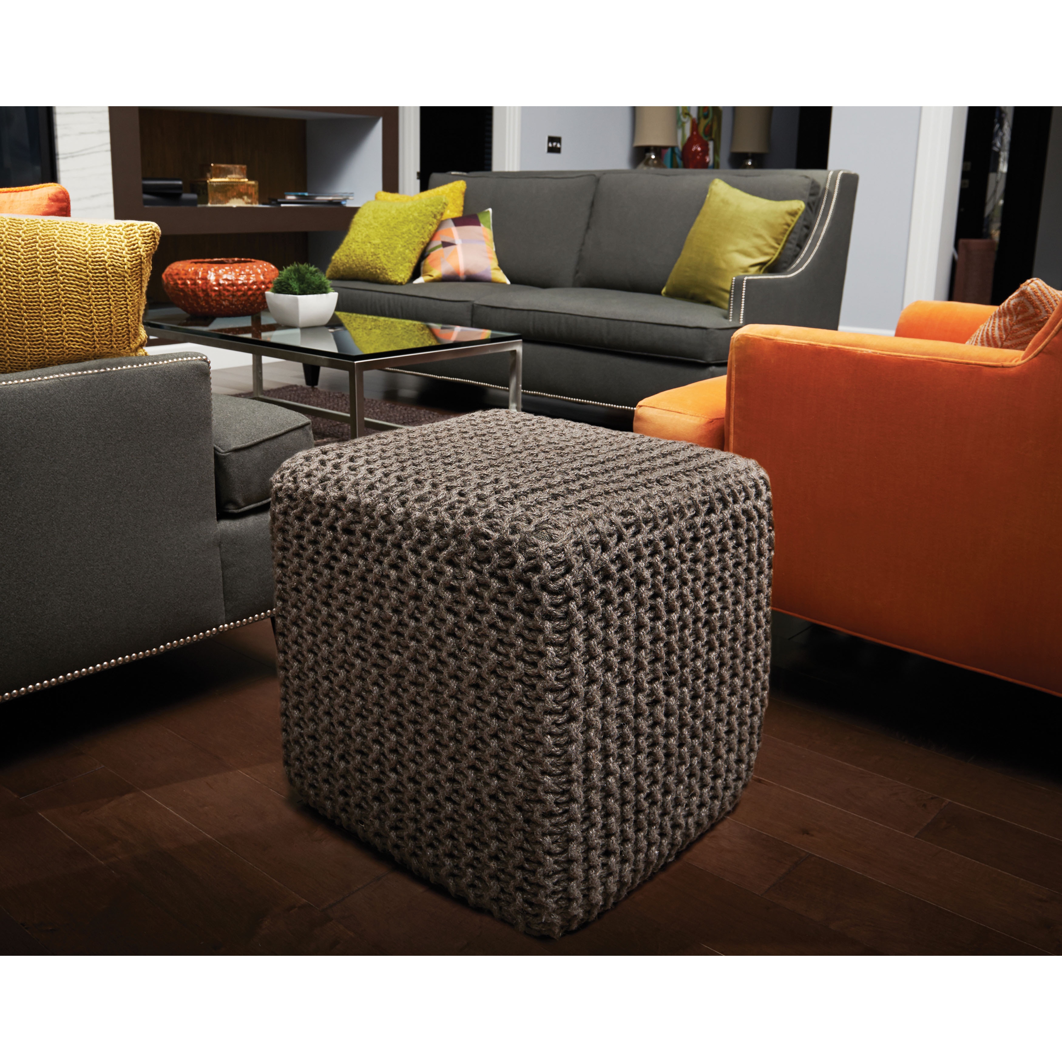 Jana Grey Jute Pouf Cube Ottoman