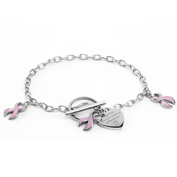 Stainless Steel Breast Cancer Awareness Pink Ribbon Charm Bracelet