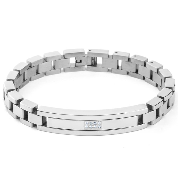 Mens Stainless Steel Square Micro Pave Cubic Zirconia ID Link