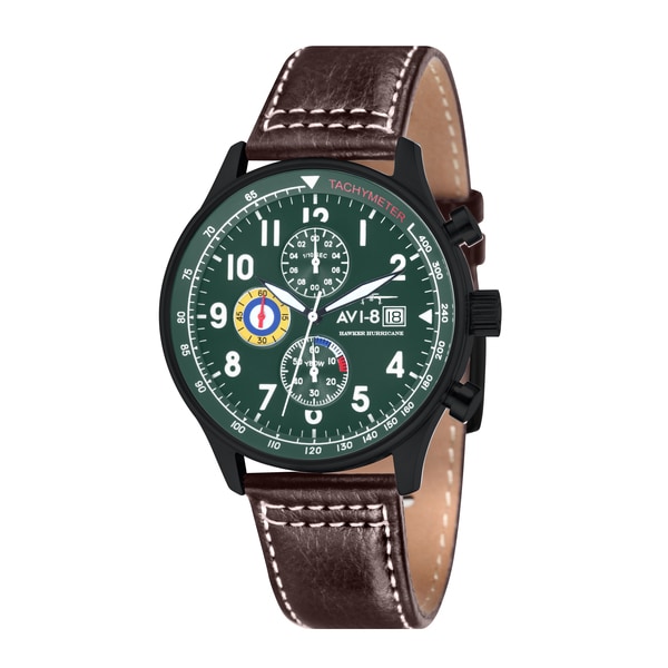 AVI 8 Mens Hawker Hurricane Brown Leather Green Dial Chronograph