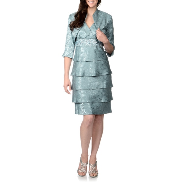 R & M Richards Women's Slate Brocade Tiered Jacket and Dress Set R & M Richards Evening & Formal Dresses