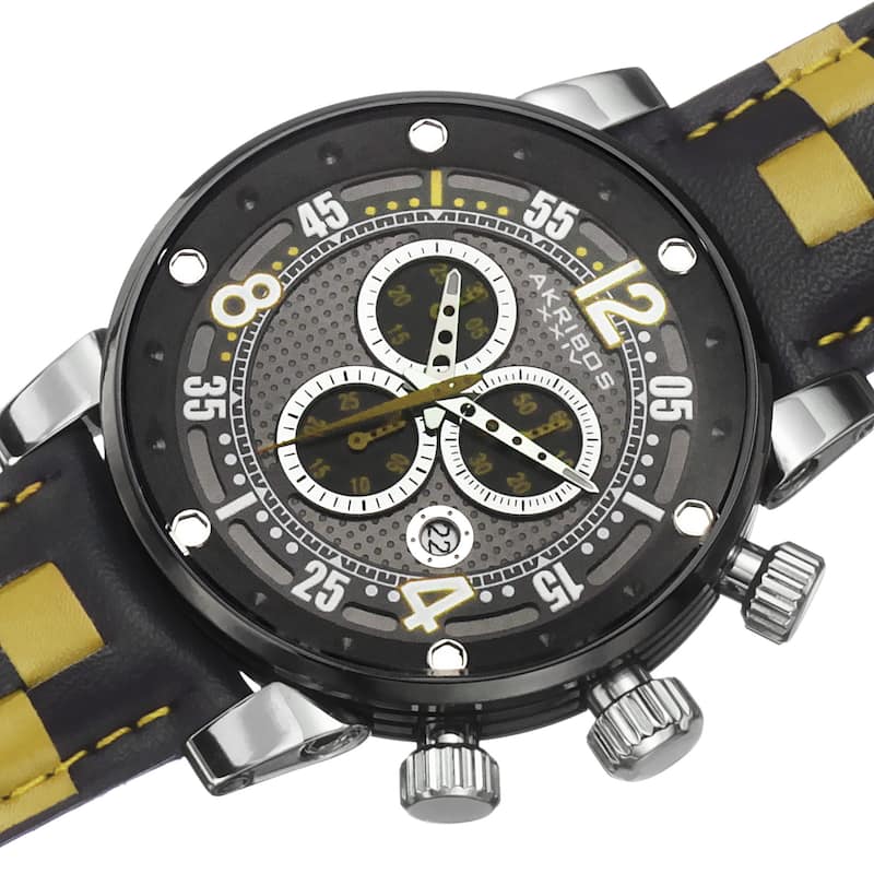 Akribos XXIV Men's Quartz Chronograph Checkered Leather Strap Watch