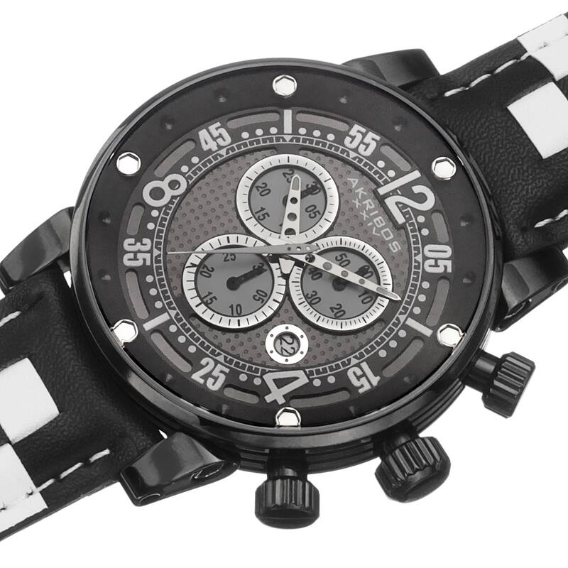 Akribos XXIV Men's Quartz Chronograph Checkered Leather Black Strap Watch