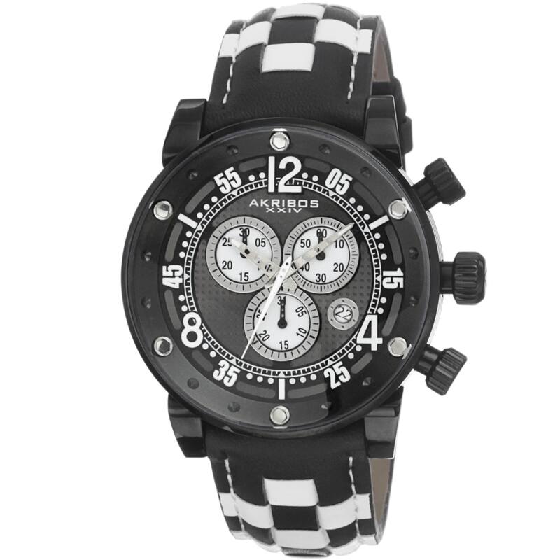 Akribos XXIV Men's Quartz Chronograph Checkered Leather Black Strap Watch