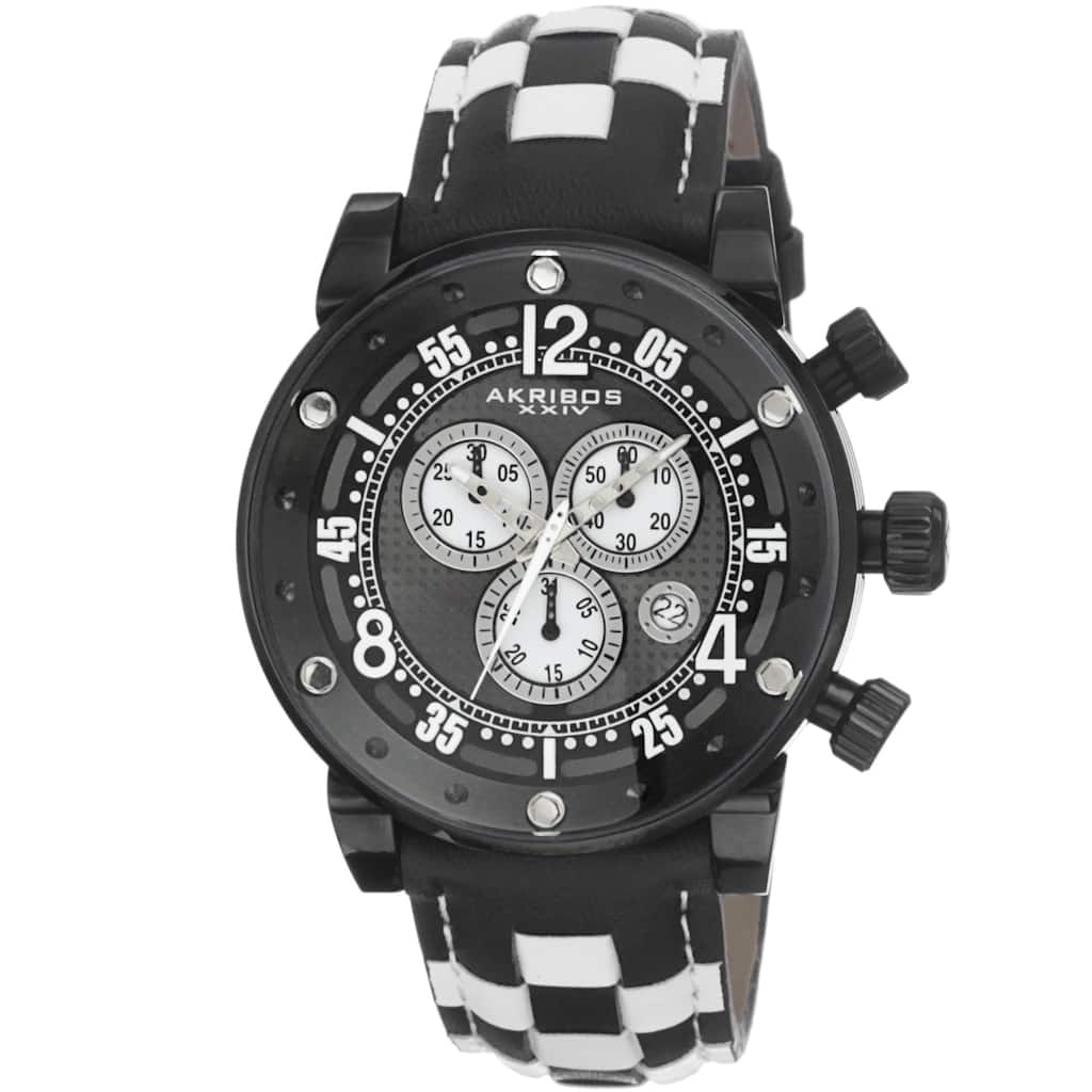 Akribos XXIV Men's Quartz Chronograph Checkered Leather Black Strap Watch