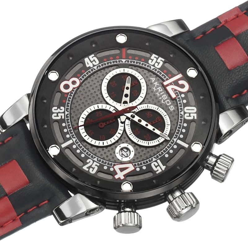 Akribos XXIV Men's Quartz Chronograph CheckeRed Leather Strap Watch