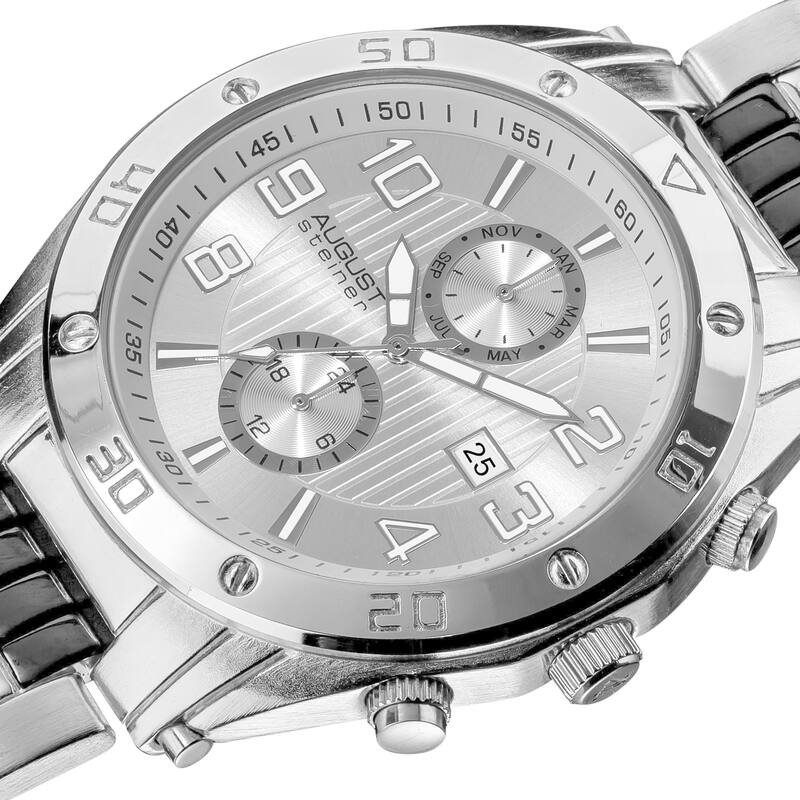 August Steiner Men's Embossed Dial Day/Month Water Resistant Silver-Tone Bracelet Watch