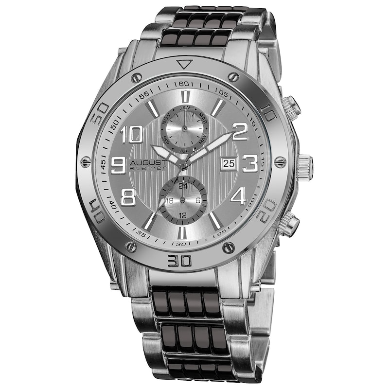 August Steiner Men's Embossed Dial Day/Month Water Resistant Silver-Tone Bracelet Watch