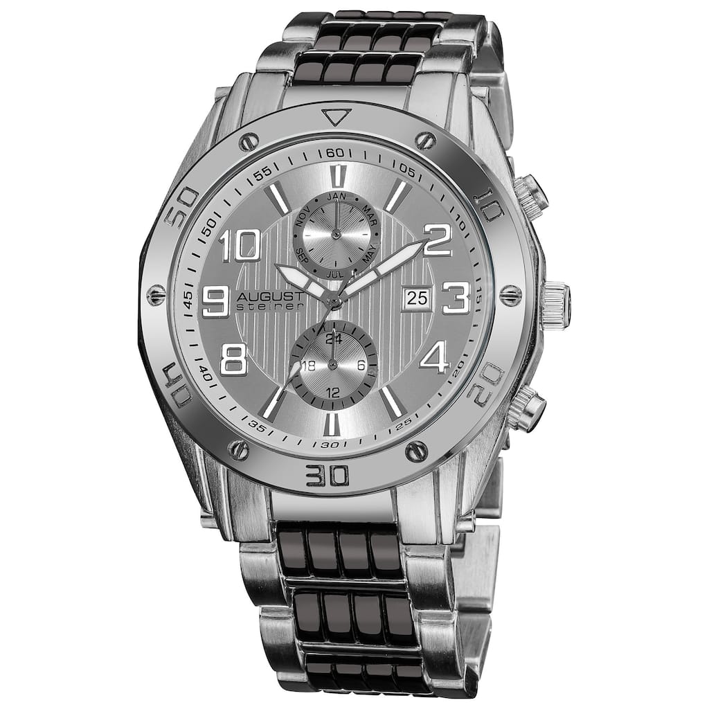 August Steiner Men's Embossed Dial Day/Month Water Resistant Silver-Tone Bracelet Watch