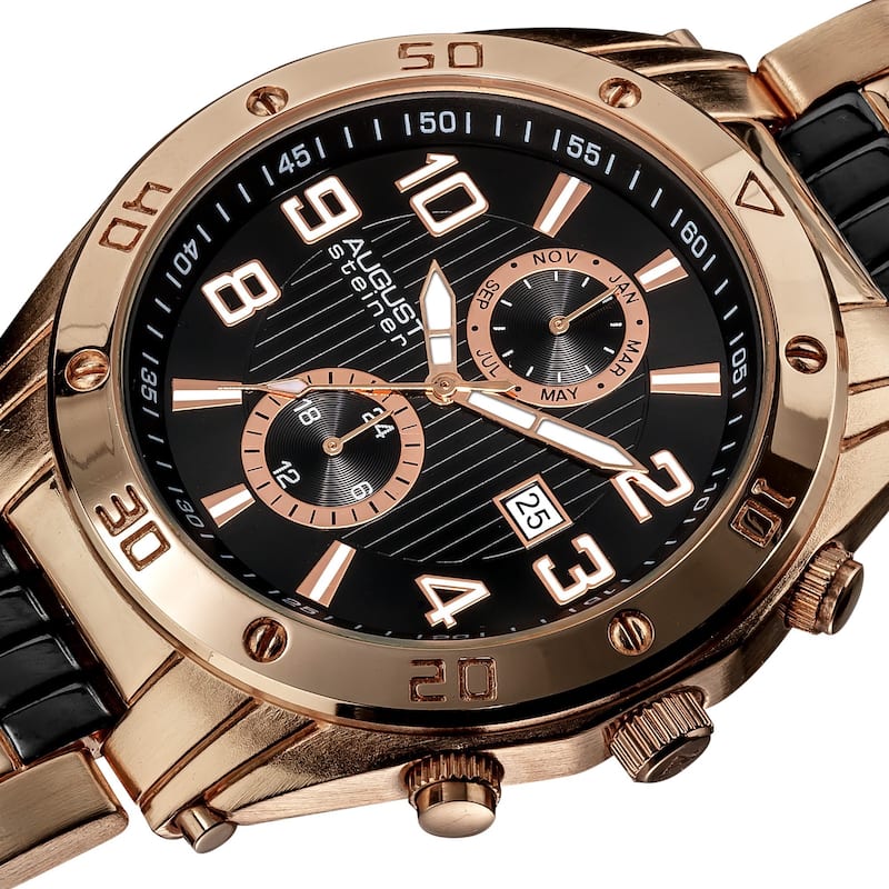 August Steiner Men's Embossed Dial Day/Month Water Resistant Rose-Tone Bracelet Watch