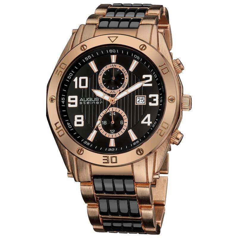 August Steiner Men's Embossed Dial Day/Month Water Resistant Rose-Tone Bracelet Watch