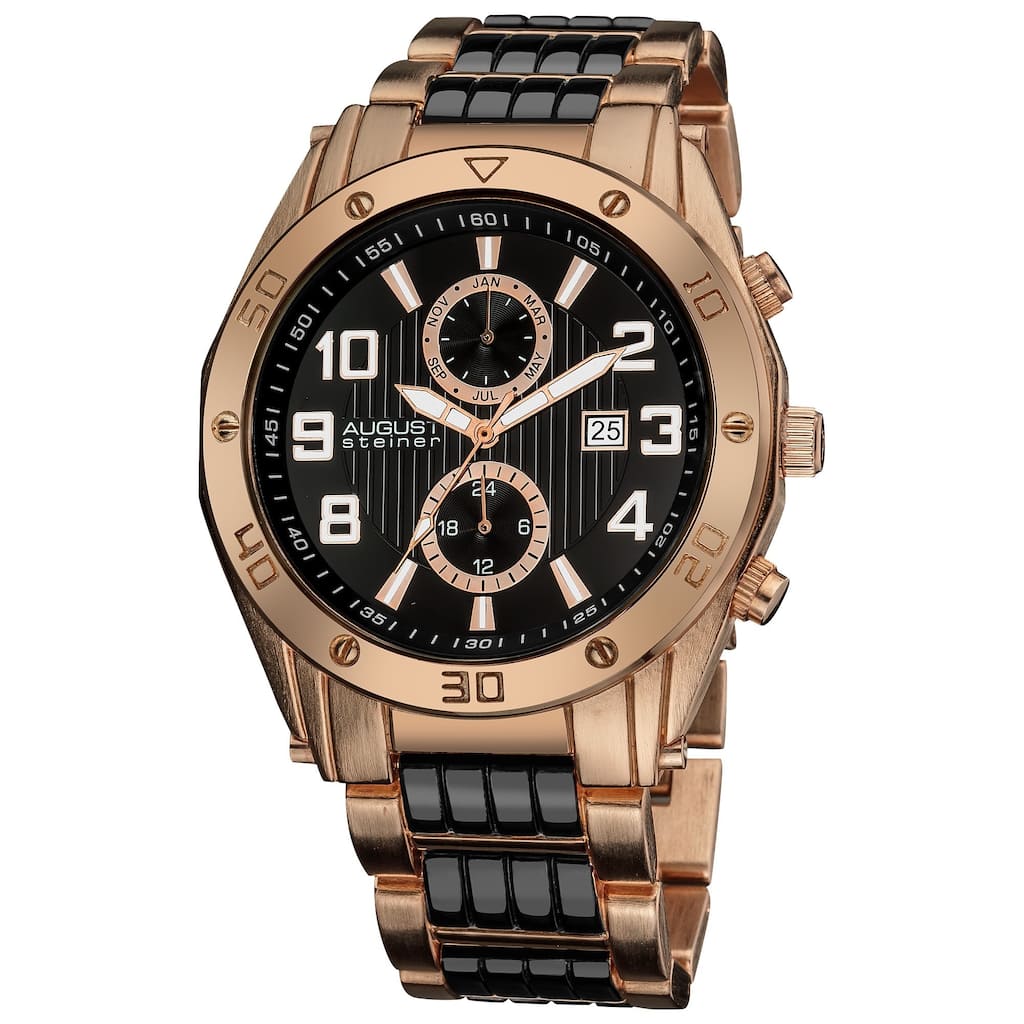 August Steiner Men's Embossed Dial Day/Month Water Resistant Rose-Tone Bracelet Watch