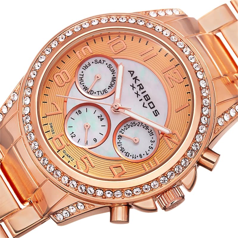 Akribos XXIV Women's Swiss Multifunction Crystal Rose-Tone Bracelet Watch