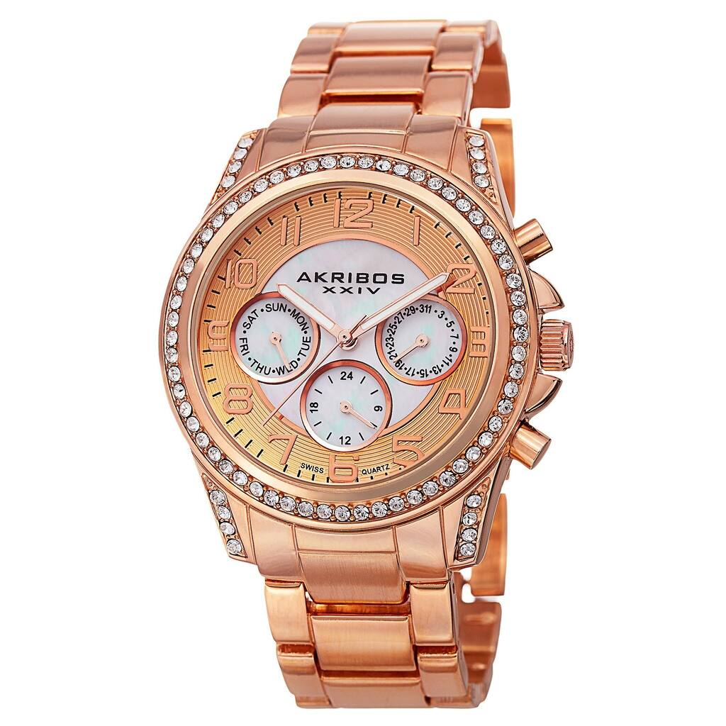 Akribos XXIV Women's Swiss Multifunction Crystal Rose-Tone Bracelet Watch