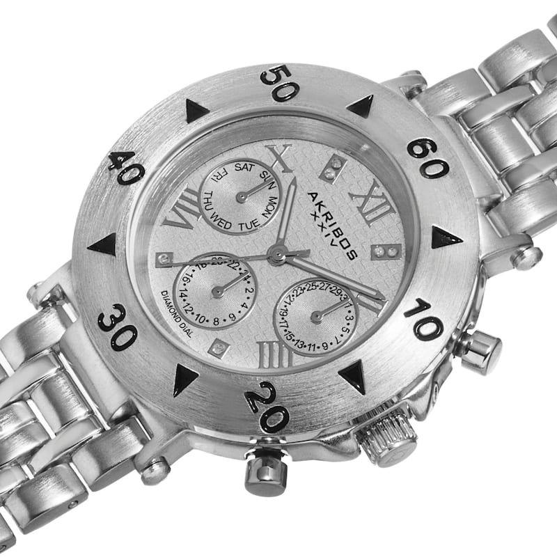 Akribos XXIV Women's Swiss Quartz Diamond Multifunction Silver-Tone Bracelet Watch