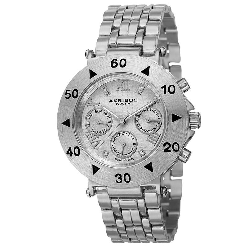 Akribos XXIV Women's Swiss Quartz Diamond Multifunction Silver-Tone Bracelet Watch