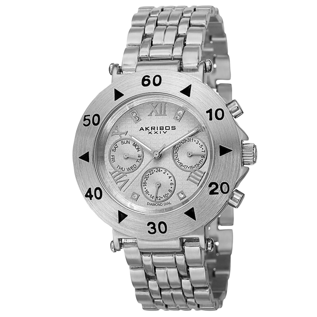 Akribos XXIV Women's Swiss Quartz Diamond Multifunction Silver-Tone Bracelet Watch