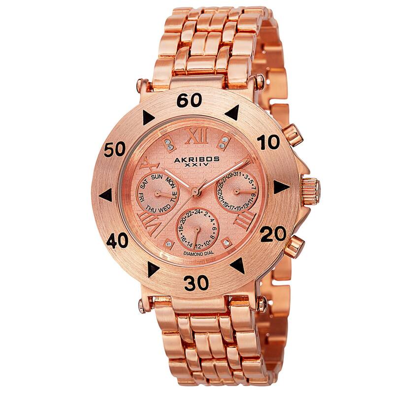 Akribos XXIV Women's Swiss Quartz Diamond Multifunction Rose-Tone Bracelet Watch