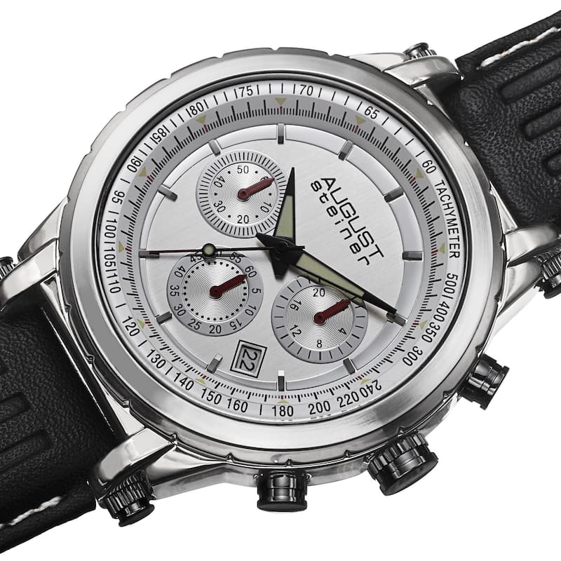 August Steiner Men's Tachymeter Chronograph Leather Silver-Tone Strap Watch