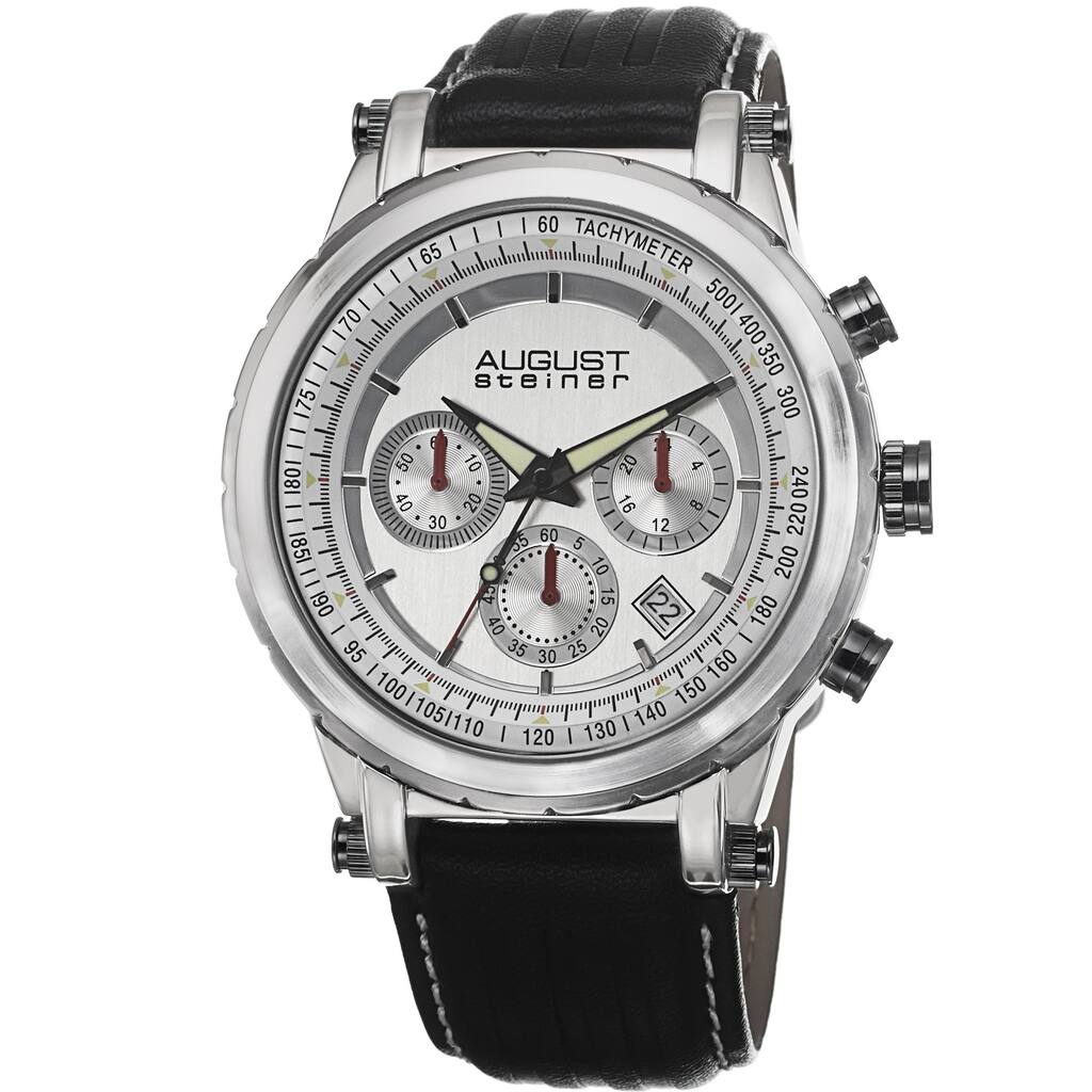 August Steiner Men's Tachymeter Chronograph Leather Silver-Tone Strap Watch