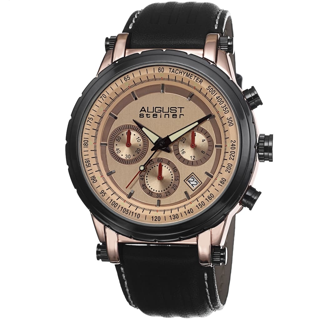 August Steiner Men's Tachymeter Chronograph Leather Rose-Tone Strap Watch