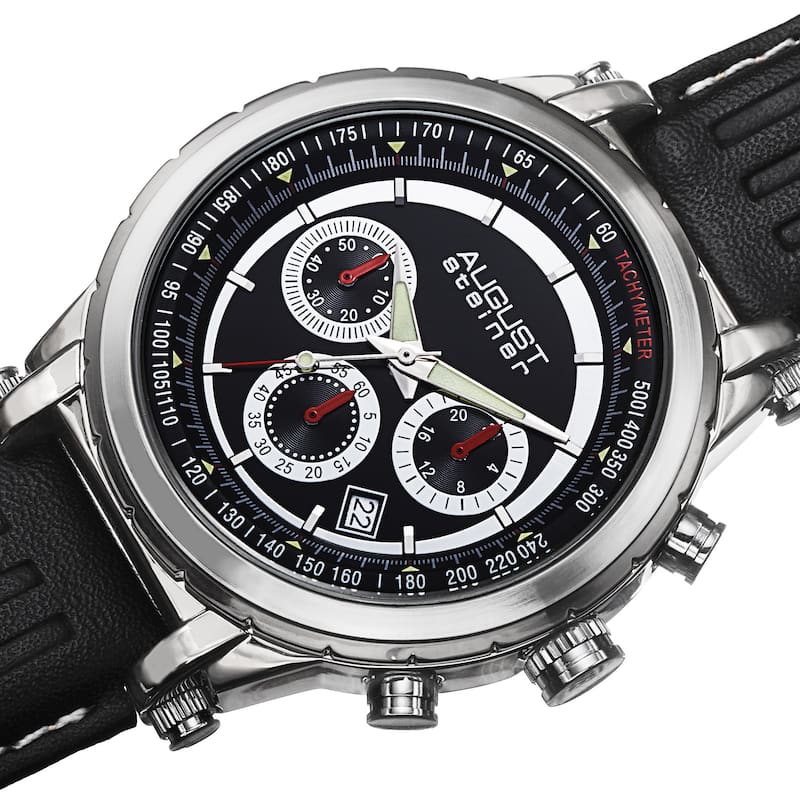 August Steiner Men's Tachymeter Chronograph Leather Black Strap Watch