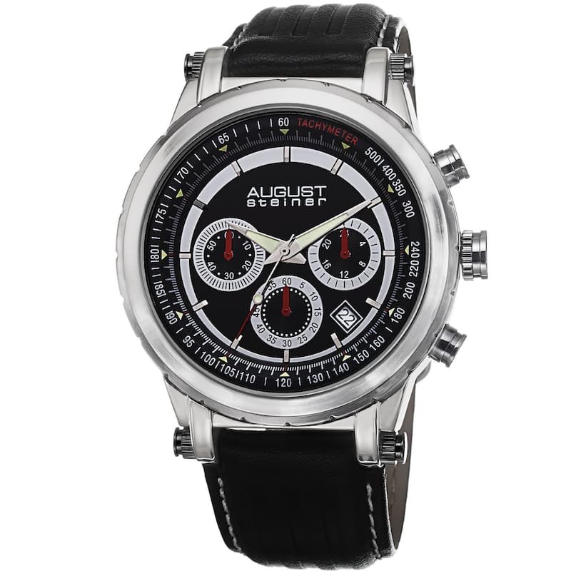 August Steiner Men's Tachymeter Chronograph Leather Black Strap Watch