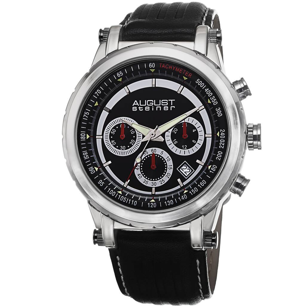 August Steiner Men's Tachymeter Chronograph Leather Black Strap Watch
