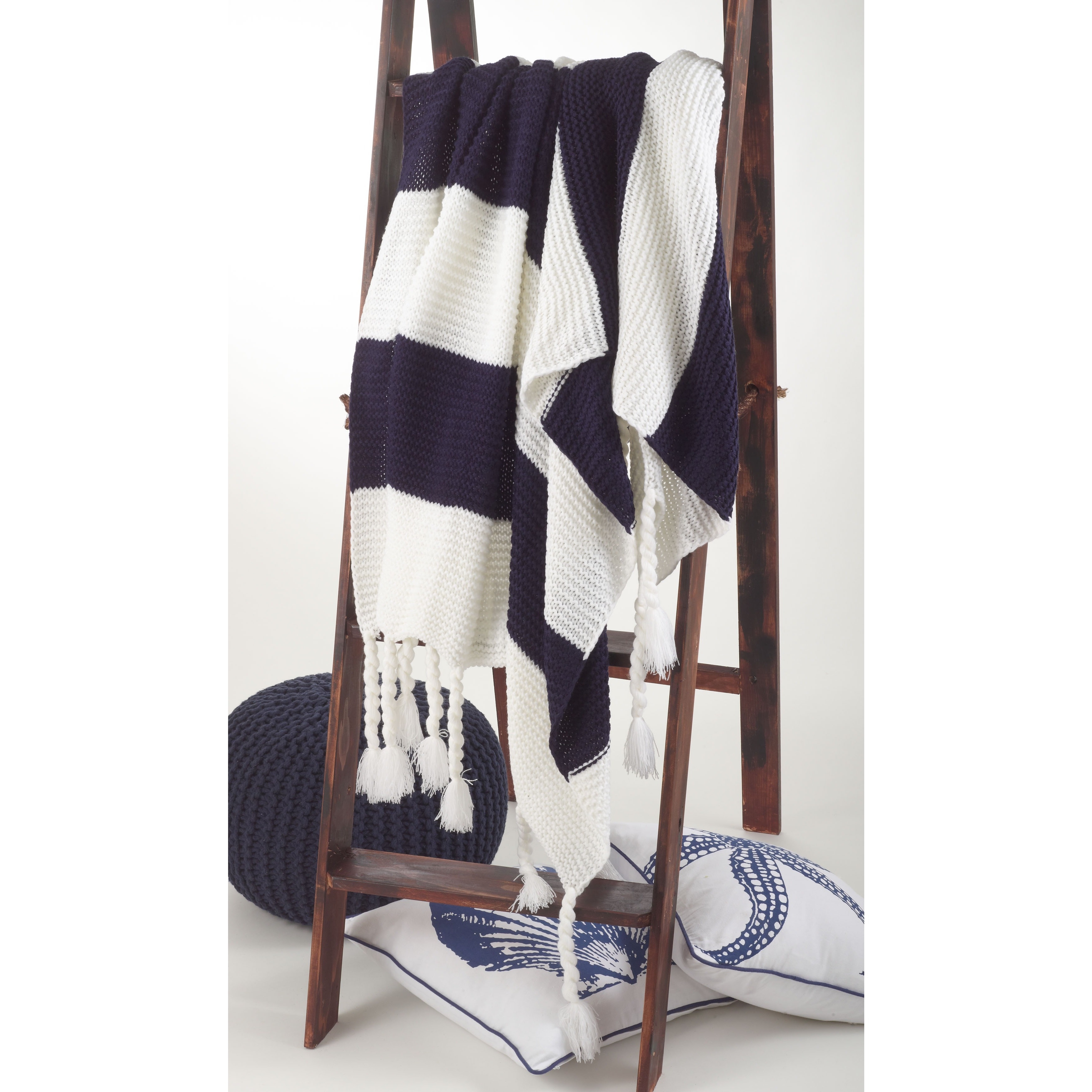 Knitted Navy Stripe Throw With Chunky Tassels