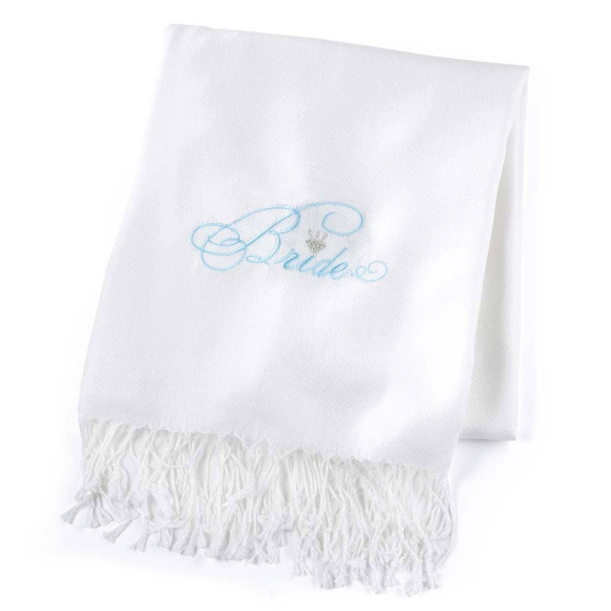 Hortense B. Hewitt Bride White Pashmina Shawl (White with aqua wordingDimensions 72 inches long x 28 inches wideMeasurements are approximate. )