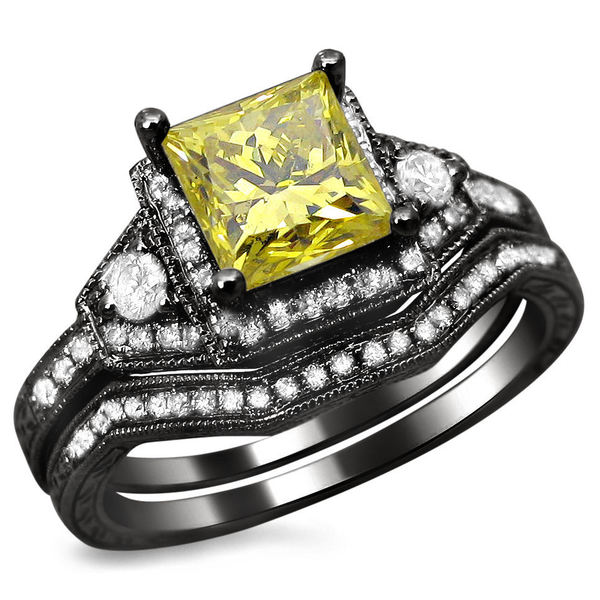 14k Black Gold 1 2/5ct TDW Princess Cut Yellow and White Diamond Bridal Set (G H, SI1 SI2) Bridal Sets