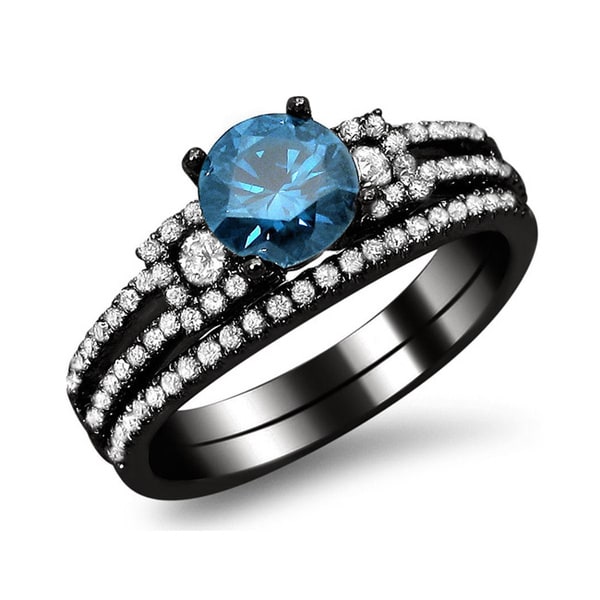 18k Black Gold 1 2/5ct TDW Blue and White Round Diamond Engagement