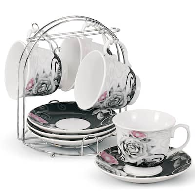 Porcelain Coffee/ Tea 9-piece Set on Metal Stand